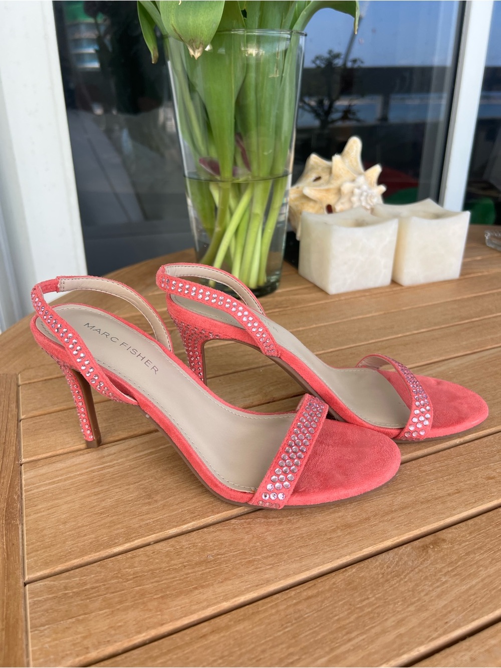 Marc Fisher Coral Suede Slingback Heels with Rhinestone Straps